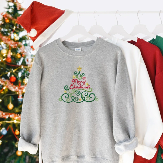 Embroidered Merry Christmas Seasons Tiding Tree Sweatshirt Or Hoodie Unisex Clothing Perfect For Lots Of Colours To Choose From