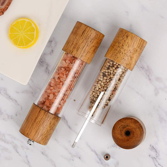 Premium Acrylic Salt and Pepper Mill Set, Manual Salt and Pepper Grinder, Wooden Shakers with Ceramic Adjustable Salt Grinder and Pepper Grinder