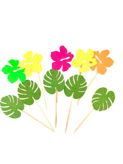 12 Tropical Leaves & Flowers Cupcake Toppers, Hawaii Theme Party Food Label Cake Top, Jungle Flag, Stick, Cocktail Stick