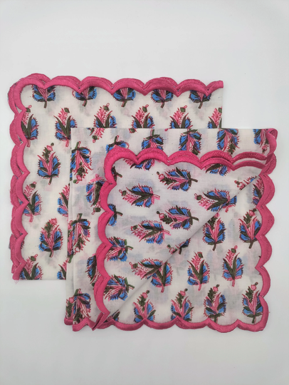 Pink & Powder Blue Fern Cotton Napkins | Scalloped Embroidered Edge Hand Block Print Dinner Set Of 4 16