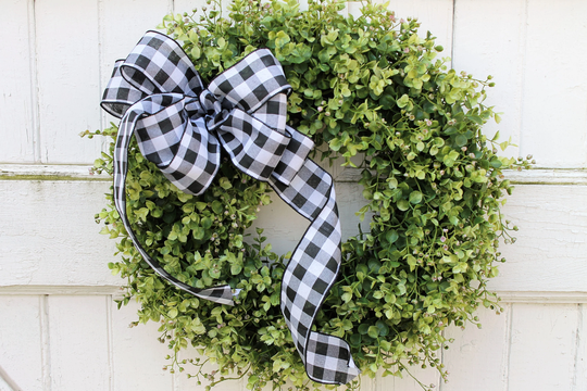 Buffalo Plaid Farmhouse Boxwood Wreath, Outdoor Front Door Year Round All Season Wreath With Black & White Checked Bow