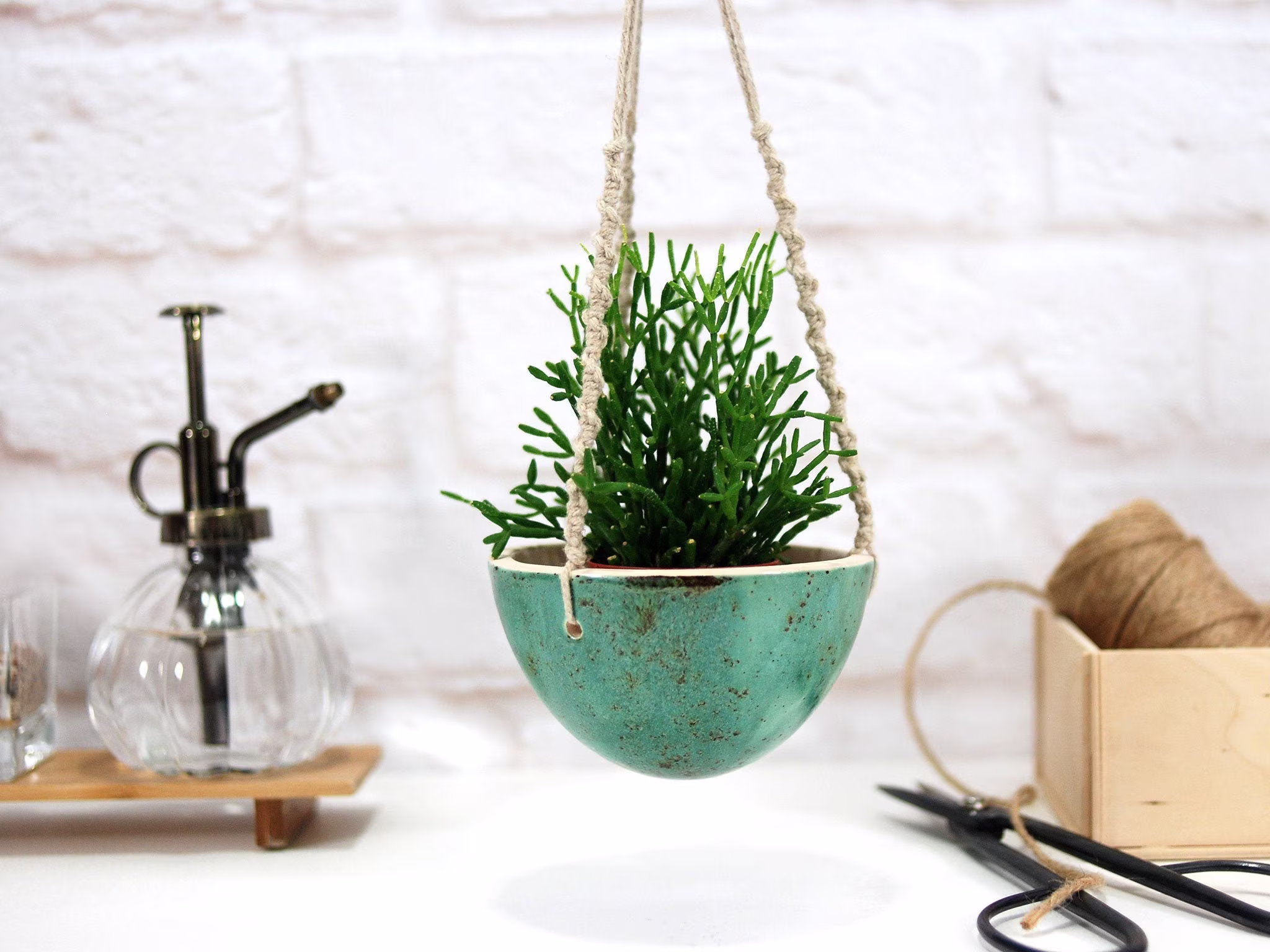 Turquoise Ceramic Hanging Planter With Macrame Plant Hanger | Pot Boho Decor Lover Gift