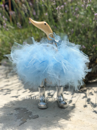 Powder Blue Tutu Wooden Duck, With Silver Boots & Ribbon