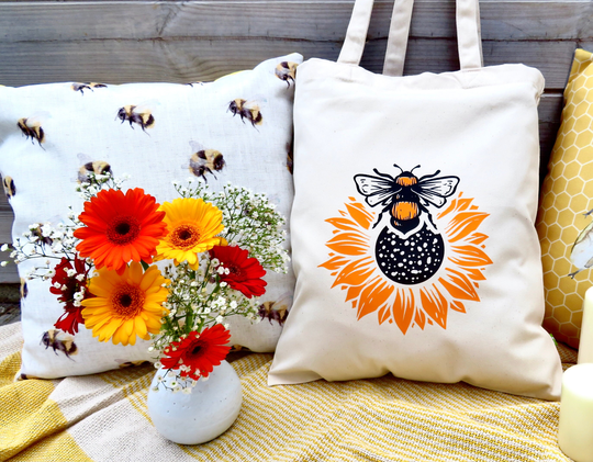 Organic Cotton Tote Bag, Bumble Bee & Sunflower Design