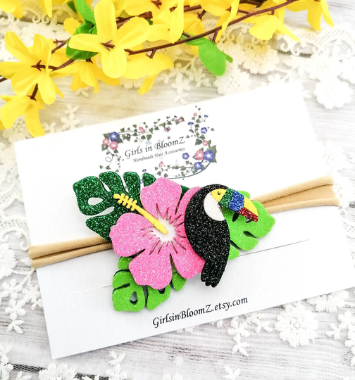 Tropical Summer Headband/Baby Girl Headband/Hibiscus Flower Headband/Nylon Headband/Tropical Party Birthday Crown Headband