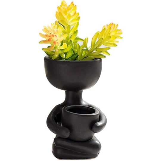 Humanoid Ceramic Flower Pot Creative Craft Decoration Succulent Pot Flower Arrangement Vase Birthday Gift (Black)