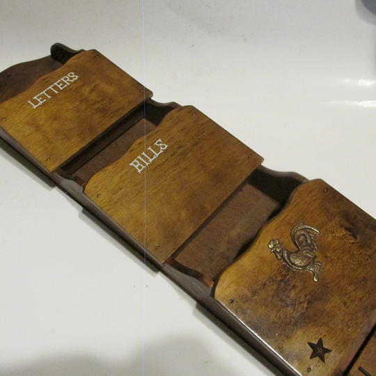 Wooden Wall Letters, Bills Organizer With Keys Hooks & Rooster Design, Early Americana Decor