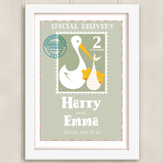 Personalised Twins 'Special Delivery' New Babies Print, Pink/Grey/Cream