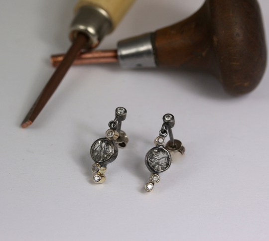 Rutilated Quartz Drop Earrings With Salt & Pepper Diamonds Moissanite Stones; Black Gold Earrings; Round Bezel;