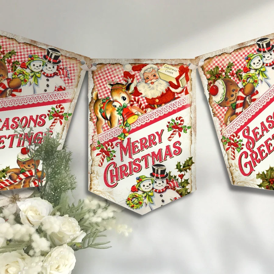 Retro Christmas Bunting, Santa Claus Snowmen, Gingerbread, Seasons Greetings, Garland Holiday Decoration Xmas