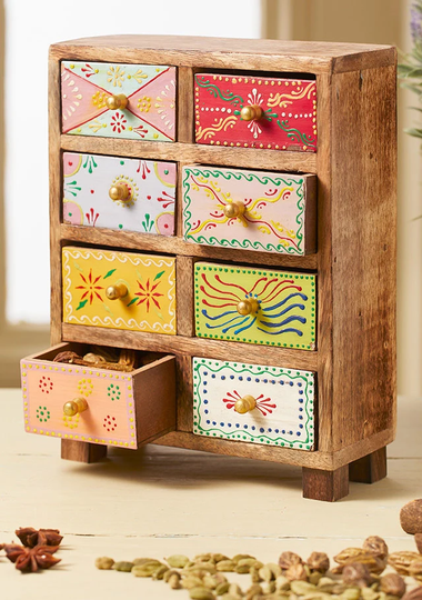 Hand Painted 8-Drawer Mango Wood Mini Chest - Handcrafted