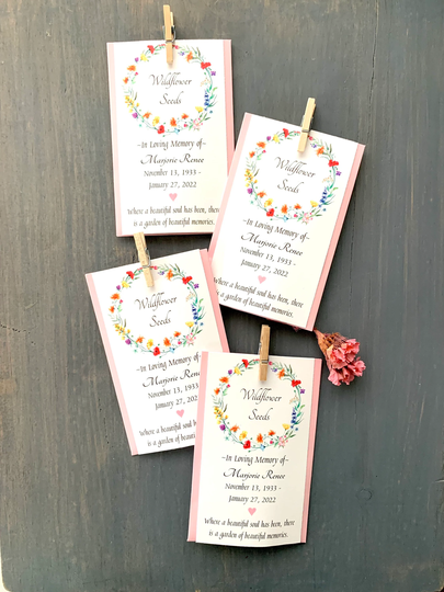 Wildflower Seeds Memorial Seed Packets Vellum Funeral Favors, Celebration Of Life | Seeds Included Custom Message Pink