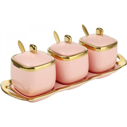 Readcly - Set of 3 Ceramic Spice Jars with Lid, Sugar Bowl, Condiments, Storage Jars and Seasoning Boxes with Lid, Spoon and Tray for Kitchen Storage