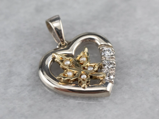 Seed Pearl Maple Leaf & Diamond Heart Pendant, Yellow Gold Layering Birthday Gift, Two Tone Pendant 4Wwxuc7V