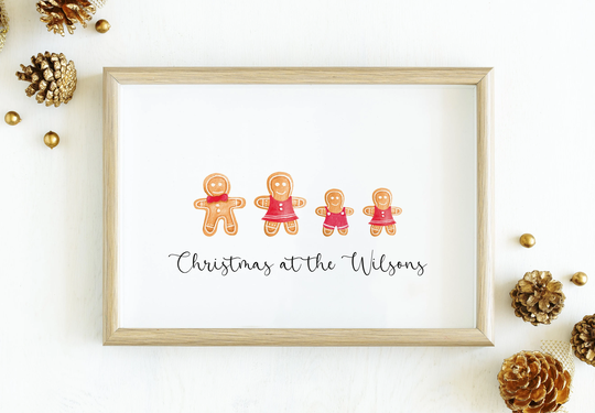 Gingerbread Family Print, Personalised Xmas Seasonal Decor, Christmas Decoration, Gifts, Wall Art