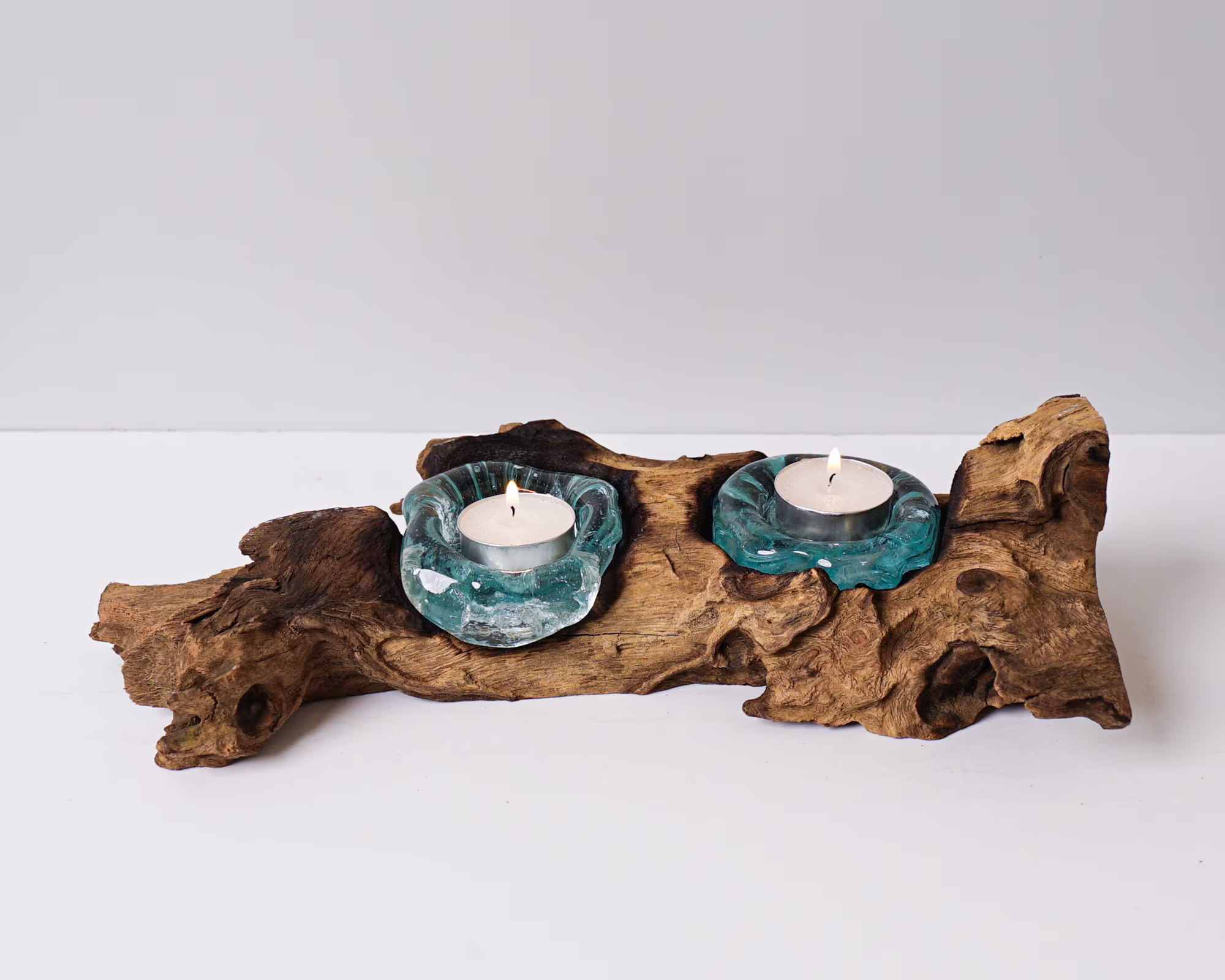 Blown Glass On Wood, Double, Candle, Molten Glass, Hand Recycled Office Decor, Gift For Mom, Birthday