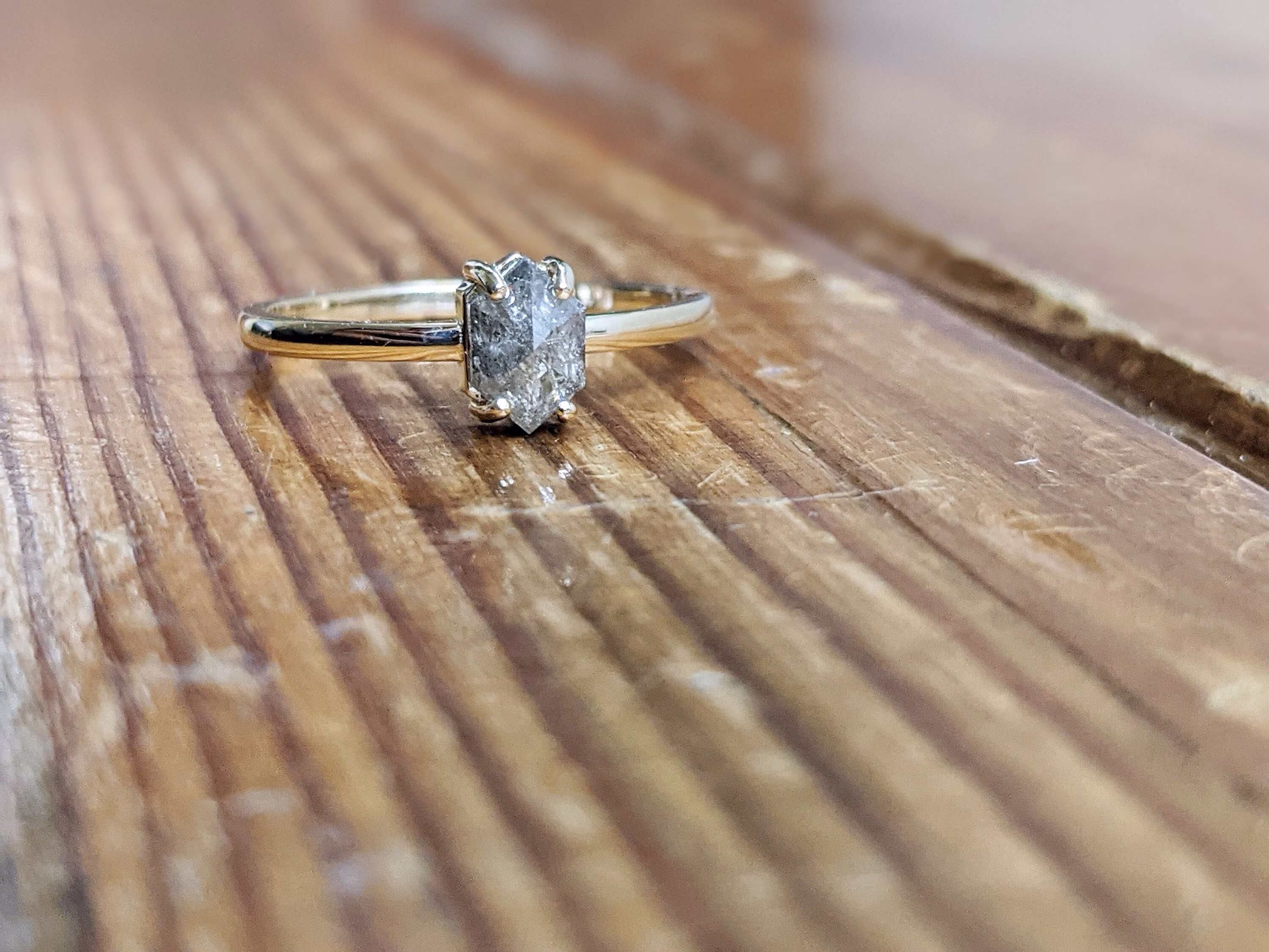 Bright 0.5Ct Raw Diamond, Salt & Pepper, Hexagon, Unique Engagement Ring, Rose Cut Geometric Diamond 14K Gold, Custom Handmade