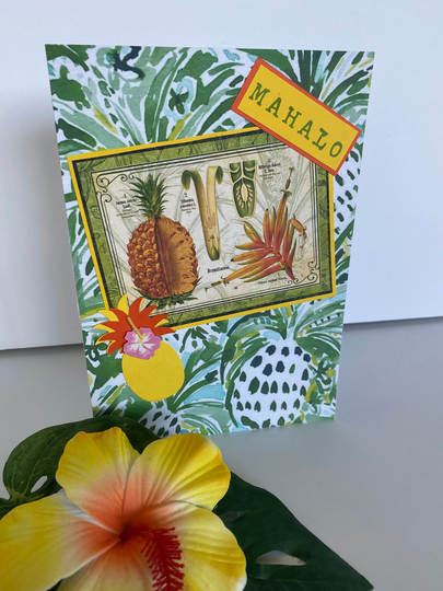 Pineapple Thank You Card, Aloha Greeting, Mahalo, Botanical Art, Vintage Hawaii Art Tropical Aloha, Pink Hibiscus, Bromeliad