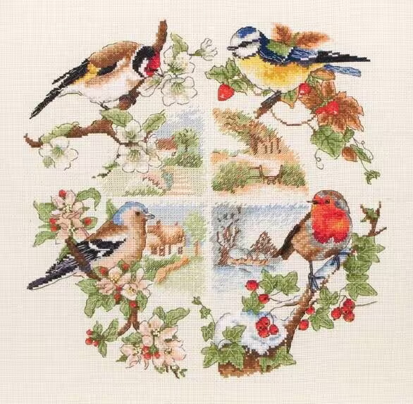 Counted Cross Stitch Kit, Anchor, Birds & Seasons, 16 Count Aida, 30cm X