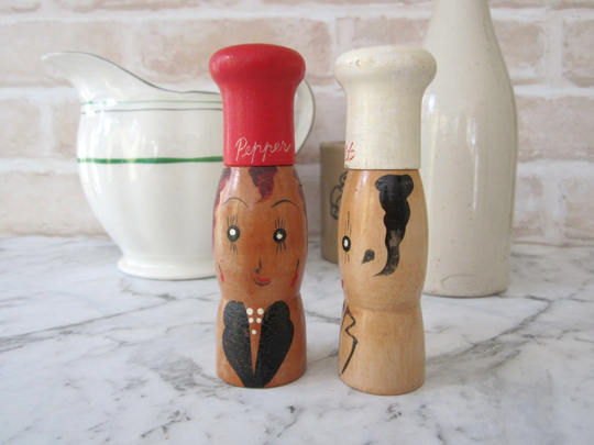 Vintage Wooden Chefs Salt & Pepper Shakers, Hand Painted Chef Pepper, Man Lady