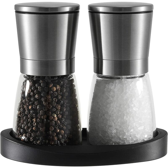Salt and Pepper Mill Set Ceramic Adjustable Stainless Steel with Rubber Holder for Grinding Pepper Kitchen