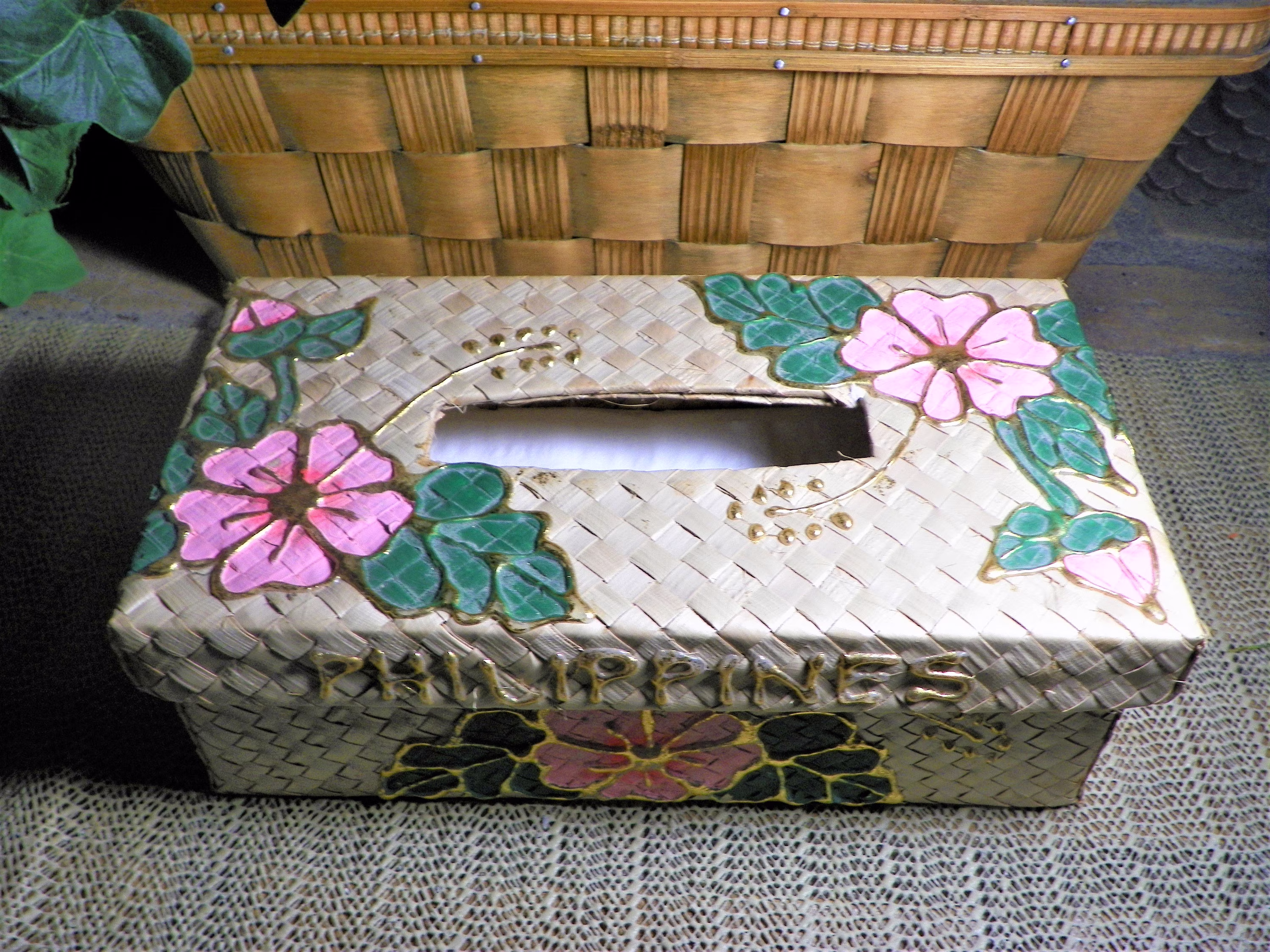 Philippines Hand Painted Pink Hibiscus Raffia Tissue Holder