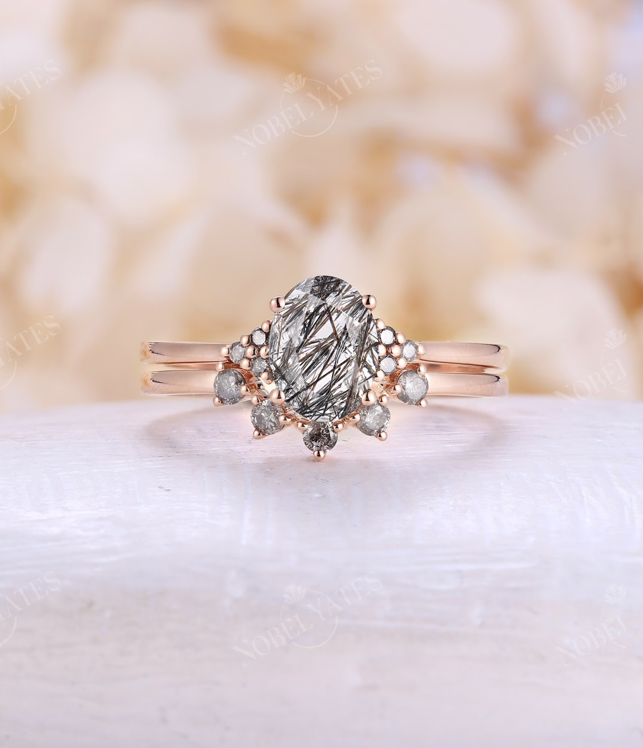 Vintage Black Rutilated Quartz Engagement Ring Set Rose Gold Art Deco Salt & Pepper Diamond Cluster Matching Wedding Band Bridal