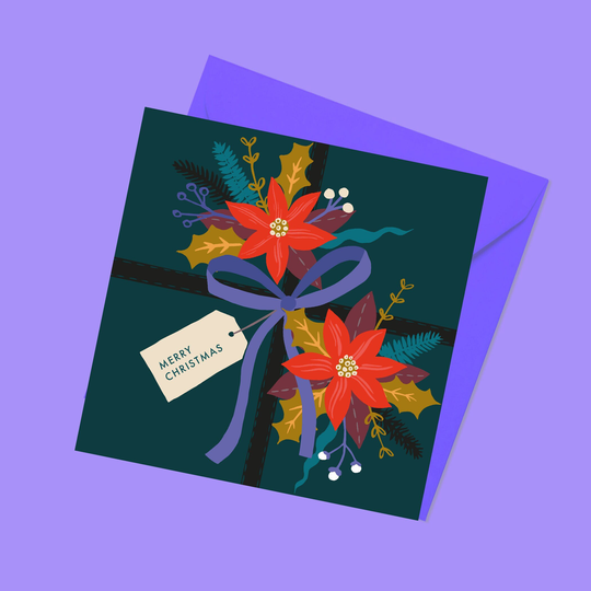 Christmas Present Card | Merry Card Floral Pattern Holiday Poinsettia