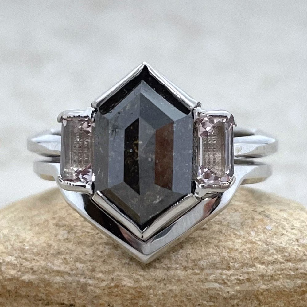 Hexagon Salt & Pepper Diamond Bridal Set With Pink Morganites Ls6514