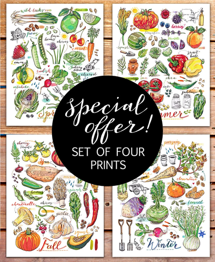 Garden Art Print Set. Kitchen Decor. Four Seasons. Food Art. Portrait. Special Offer