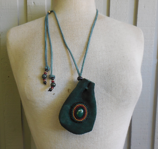 Beaded Green Jade Suede Leather Rasta Necklace Bag With Moss Agate Onyx Adjustable Length 10.5 X 7 cm. | 4" 2 3/4