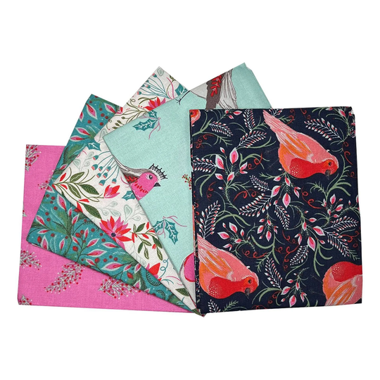 The Craft Cotton Co - Bethany Salt Jolly Robins Christmas Fat Quarters Bundle 5Pcs 100% Quilting Fabric, Patchwork Bunting