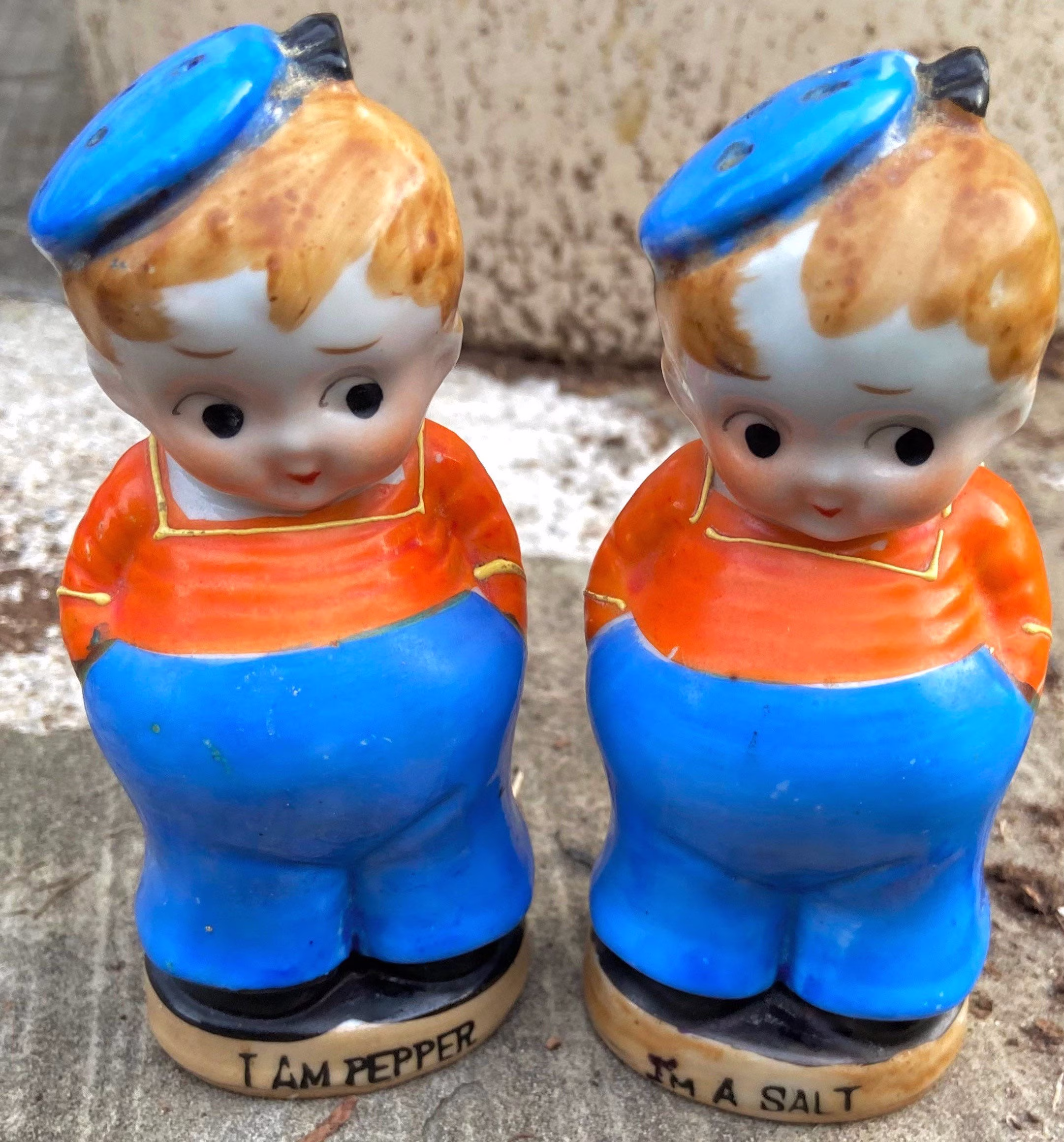 Vintage Oddity Boys Shakers, Creepy Twin "I'm A Salt" & Pepper