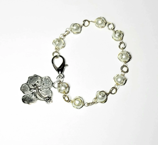 Silver Pearl Bracelet, Beach Jewelry, Bride Hibiscus Flower, White Pearls, Handmade in Florida By Bethexpressions