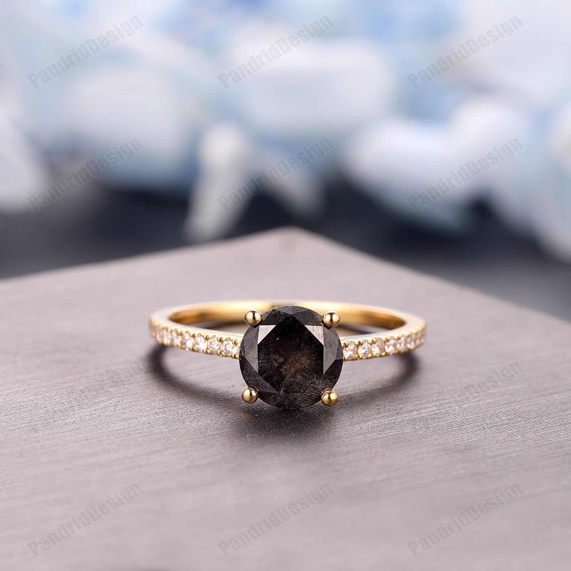 Vintage 7mm Round Natural Diamond Women's Promise Ring, Salt & Pepper Proposal 18K Rose Gold Engagement Wedding Ring