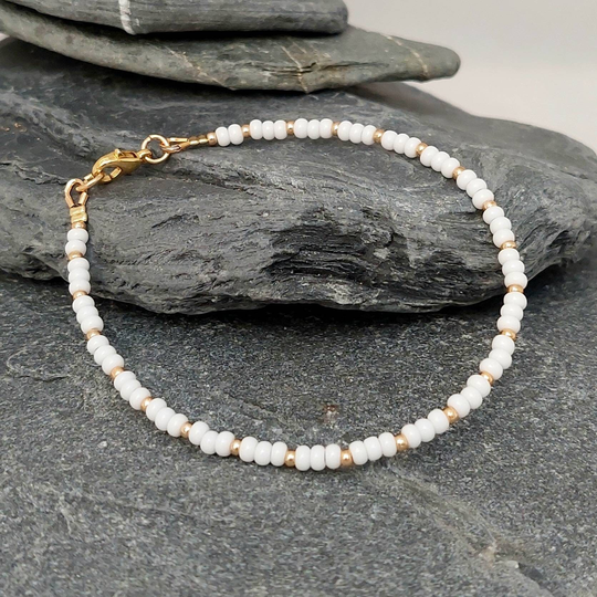 White Seed Bead Bracelet - Gold/Silver Bridal Made in Cornwall Cornish Jewellery