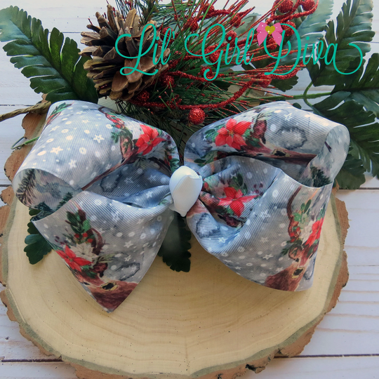 Floral Deer Christmas Bow, Bows, Ribbon Girl Hair Bows, Boutique Style Hairbows, Seasonal