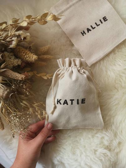 Personalised Organic Cotton Gift Bag, Wedding Favour, Bridesmaid Gift, Party Rustic, Linen Mini Drawstring Bag, Name Or Initials, Boho