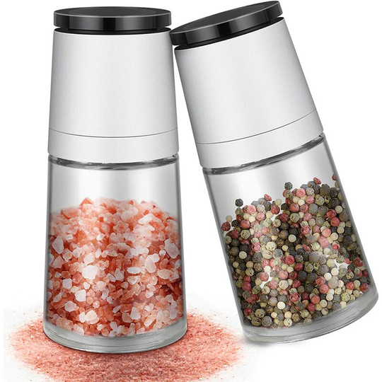 Salt and Pepper Mill, 2-Piece Manual Salt and Pepper Mill Set Adjustable Grind Size Brushed Stainless Steel and Glass Grinders, White