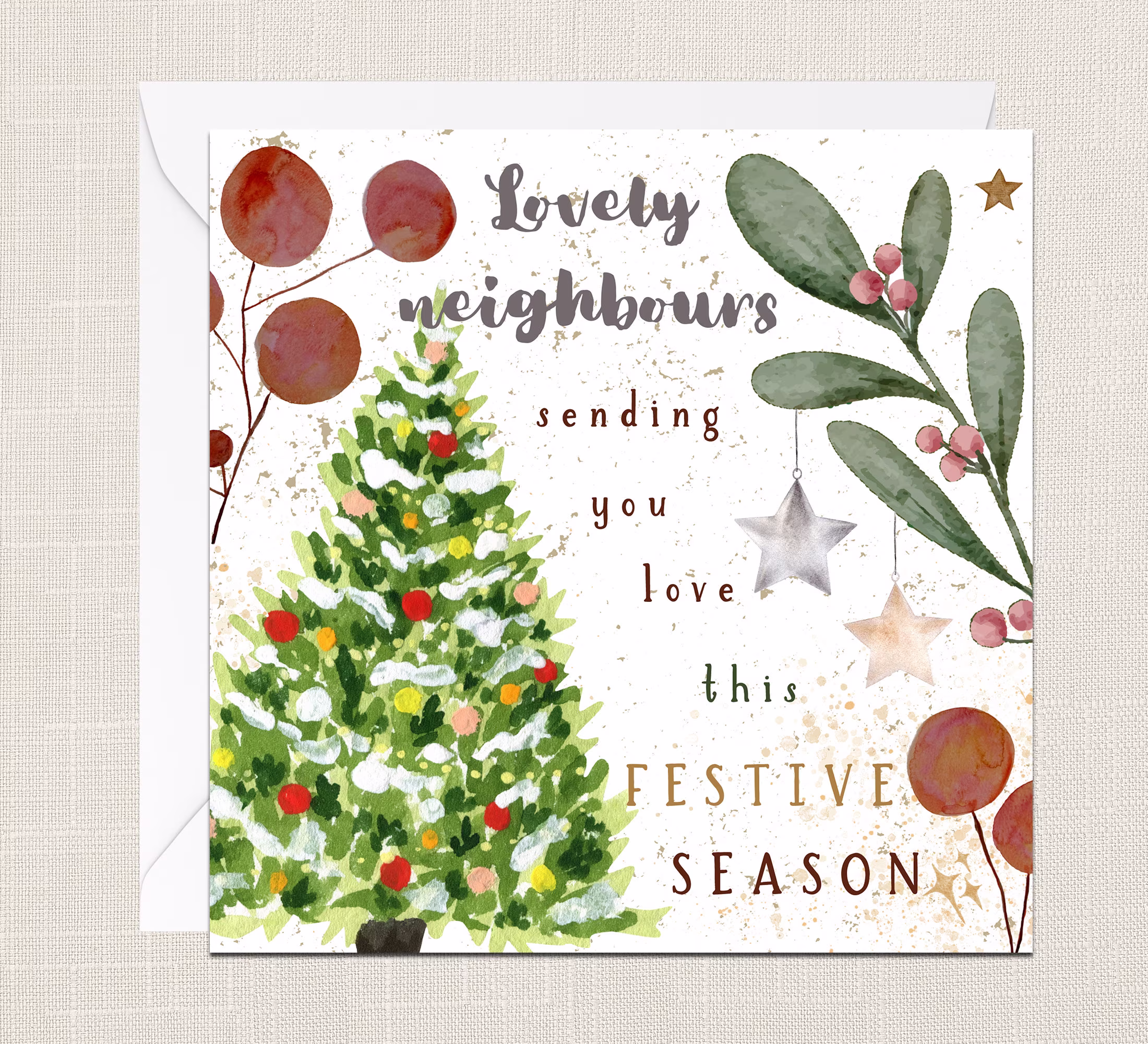 Lovely Neighbours Sending You Love This Festive Season Greetings Card With Envelope - Merry Xmas Happy Holidays Joyeux Noel