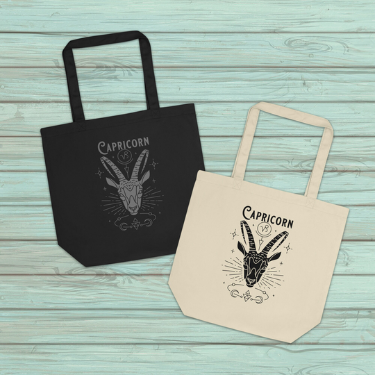 Capricorn Zodiac Eco Friendly Organic Cotton Canvas Reusable Tote Bag, Astrology Celestial Market Shopping Witchy Sustainable Gift