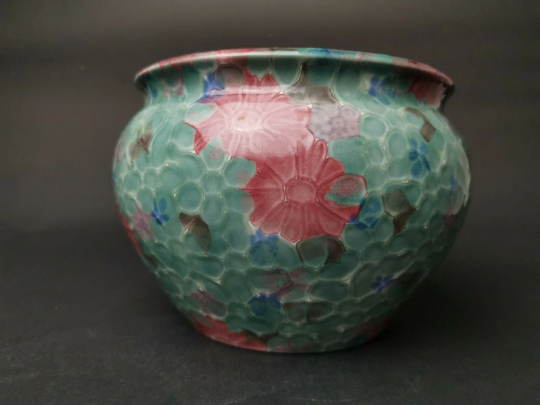 Vintage Ceramic Pottery Planter Plant Pot Pink Blue & Green With Flowers