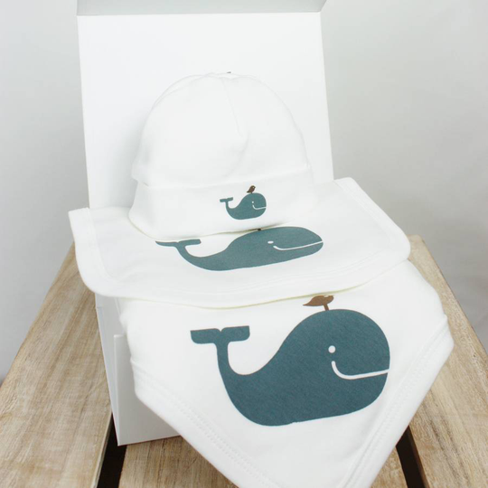 Organic Whale Blanket, Bib And Beanie Gift Set