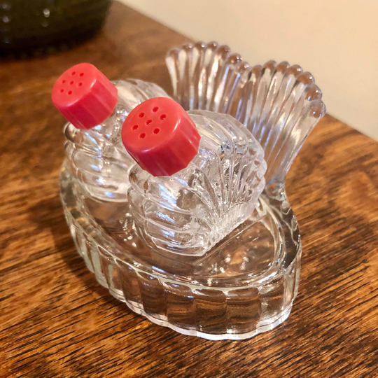 Vintage Glass Salt & Pepper Shakers in Holder Mid Century Kitchen Decor Retro Serving Red Plastic Caps