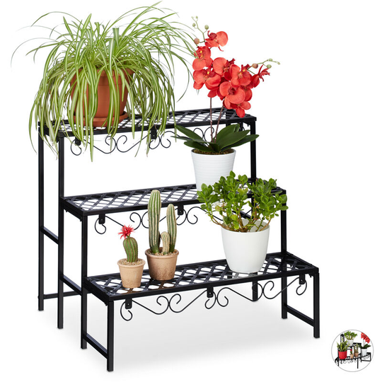 Metal Flower Rack, Plant Shelf, 3 Tiers, Rectangular, Garden Plant Stand for Garden, Balcony or Patio, Black - Relaxdays