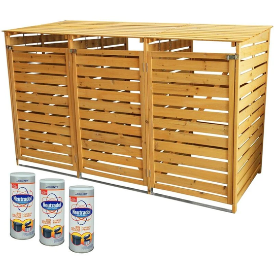 Triple Wheelie bin storage with 3 x Neautradol Dustbin Destroyer Freshener Powder - Brown