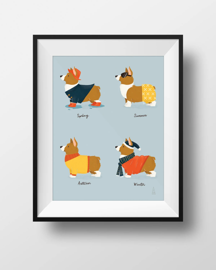 Fine Art Dog Print - Seasonal Corgi Illustration Cute Pembroke Spring, Summer, Autumn, Winter Kids Room Nursery