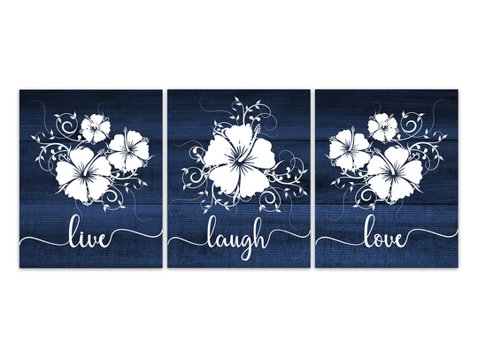 Blue Hibiscus Wall Art, Live Laugh Love, Rustic Decor, Bathroom Farmhouse Bedroom Hangings - Home876