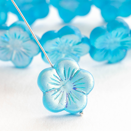 10 - 20mm Pansy Flower Beads Matte Aqua With An Aurora Borealis Finish Beads