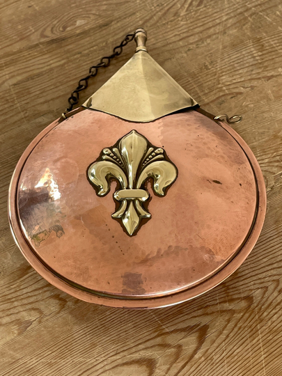 Vintage Copper Powder Flask With Coat Of Arms Design